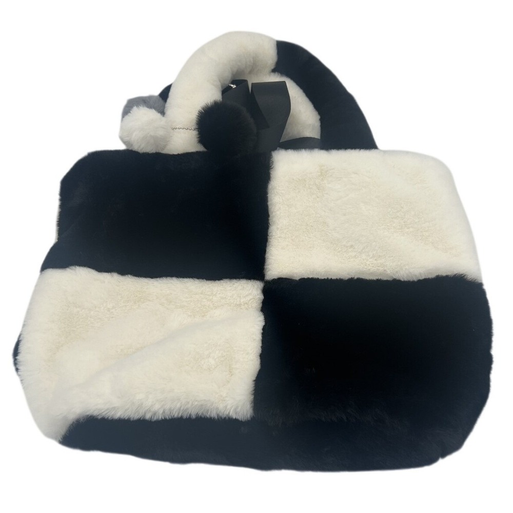Claire's Black & White Checkered Faux Fur Tote Bag with Detachable Strap